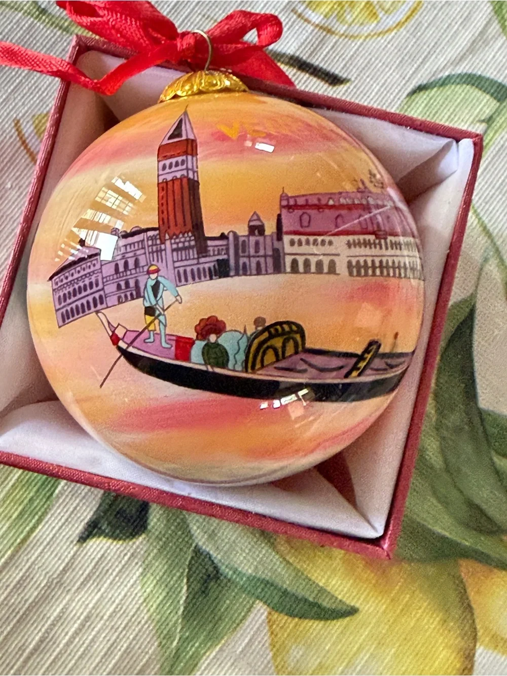 Hand-Painted Venice Gondola Holiday Ornament - Orange Li Bien